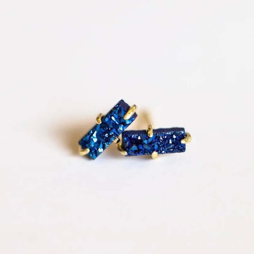 NEW ANTHROPOLOGIE 18kt Gold Navy Blue Druzy Sparkle Stone Gemstone Bar Earring